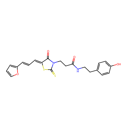 3-((Z)-5-((E)-3-(furan-2-yl)allylidene)-4-oxo-2-thioxothiazolidin-3-yl)-N-(4-hydroxyphenethyl)propanamide structure