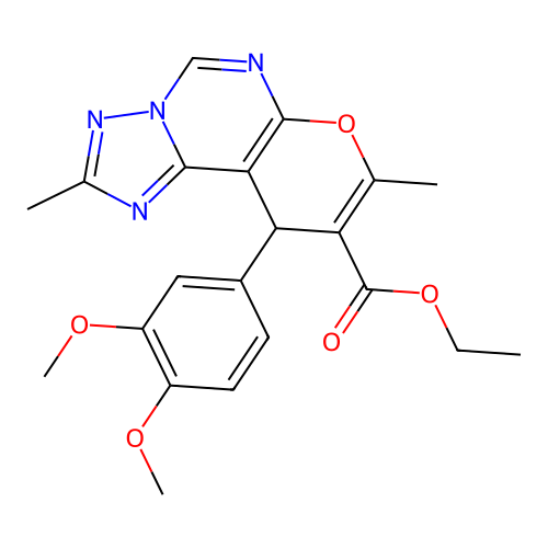 ethyl 10-(3,4-dimethoxyphenyl)-2,8-dimethyl-10H-pyrano[3,2-e][1,2,4]triazolo[1,5-c]pyrimidine-9-carboxylate structure