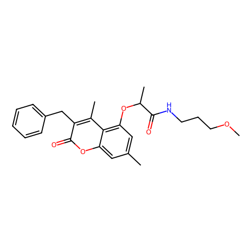 2-(3-benzyl-4,7-dimethyl-2-oxochromen-5-yl)oxy-N-(3-methoxypropyl)propanamide structure