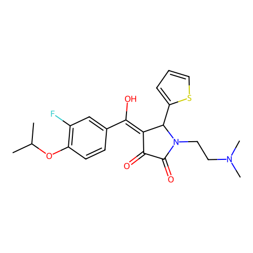 1-(2-dimethylaminoethyl)-4-[(3-fluoro-4-propan-2-yloxyphenyl)-hydroxymethylidene]-5-thiophen-2-ylpyrrolidine-2,3-dione structure