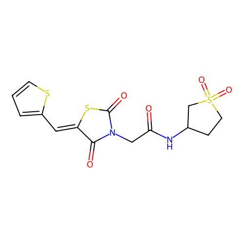 N-(1,1-dioxidotetrahydrothiophen-3-yl)-2-[(5Z)-2,4-dioxo-5-(thiophen-2-ylmethylidene)-1,3-thiazolidin-3-yl]acetamide structure
