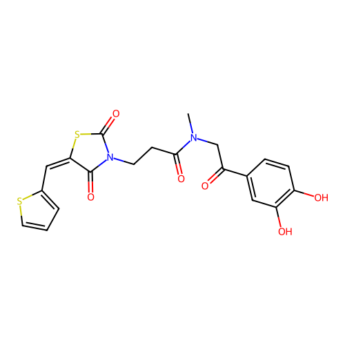 N-[2-(3,4-dihydroxyphenyl)-2-oxoethyl]-3-[(5E)-2,4-dioxo-5-(thiophen-2-ylmethylidene)-1,3-thiazolidin-3-yl]-N-methylpropanamide structure