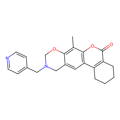 7-methyl-10-(pyridin-4-ylmethyl)-1,2,3,4,10,11-hexahydro-5H,9H-benzo[3,4]chromeno[6,7-e][1,3]oxazin-5-one structure