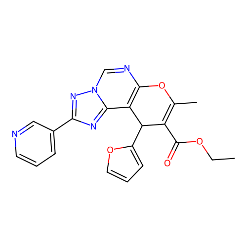 ethyl 10-(furan-2-yl)-8-methyl-2-(pyridin-3-yl)-10H-pyrano[3,2-e][1,2,4]triazolo[1,5-c]pyrimidine-9-carboxylate structure
