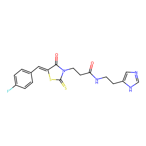 (Z)-N-(2-(1H-imidazol-4-yl)ethyl)-3-(5-(4-fluorobenzylidene)-4-oxo-2-thioxothiazolidin-3-yl)propanamide structure