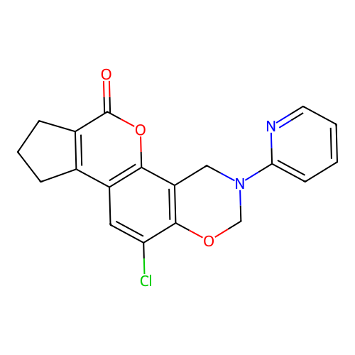 11-chloro-3-(pyridin-2-yl)-3,4,8,9-tetrahydro-2H-cyclopenta[3,4]chromeno[8,7-e][1,3]oxazin-6(7H)-one structure