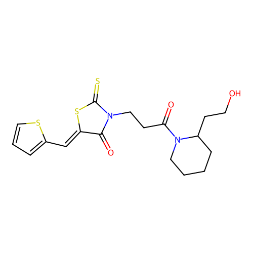 (5Z)-3-{3-[2-(2-hydroxyethyl)piperidin-1-yl]-3-oxopropyl}-5-(thiophen-2-ylmethylidene)-2-thioxo-1,3-thiazolidin-4-one structure