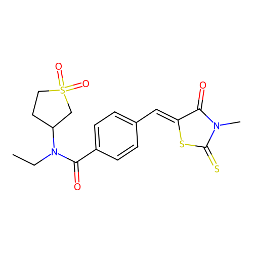 N-(1,1-dioxidotetrahydrothiophen-3-yl)-N-ethyl-4-[(Z)-(3-methyl-4-oxo-2-thioxo-1,3-thiazolidin-5-ylidene)methyl]benzamide structure