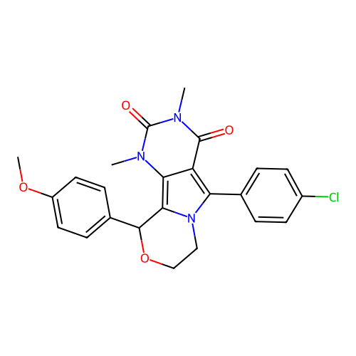5-(4-chlorophenyl)-10-(4-methoxyphenyl)-1,3-dimethyl-1,7,8,10-tetrahydro-2H-pyrimido[4',5':3,4]pyrrolo[2,1-c][1,4]oxazine-2,4(3H)-dione structure