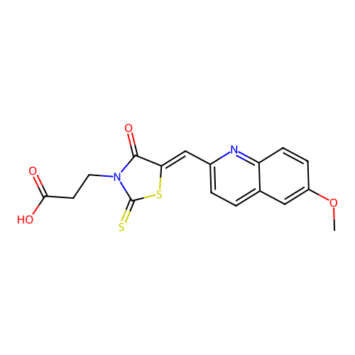 (Z)-3-(5-((6-methoxyquinolin-2-yl)methylene)-4-oxo-2-thioxothiazolidin-3-yl)propanoic acid structure
