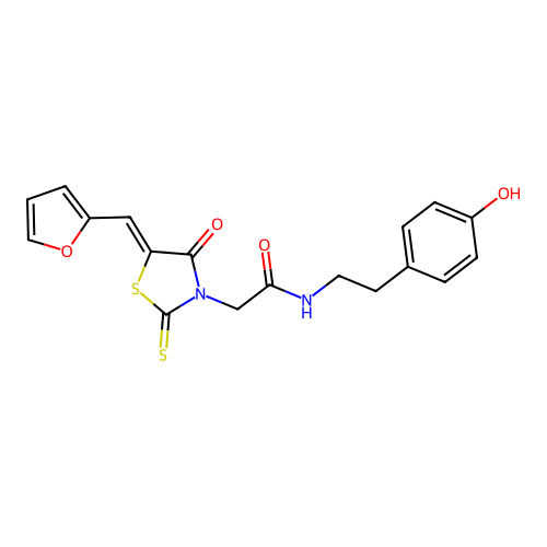 2-[(5Z)-5-(furan-2-ylmethylidene)-4-oxo-2-thioxo-1,3-thiazolidin-3-yl]-N-[2-(4-hydroxyphenyl)ethyl]acetamide structure