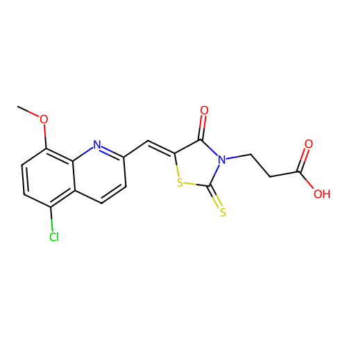 3-{(5Z)-5-[(5-chloro-8-methoxyquinolin-2-yl)methylidene]-4-oxo-2-thioxo-1,3-thiazolidin-3-yl}propanoic acid structure