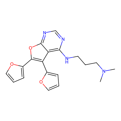 N-[5,6-bis(furan-2-yl)furo[2,3-d]pyrimidin-4-yl]-N',N'-dimethylpropane-1,3-diamine structure
