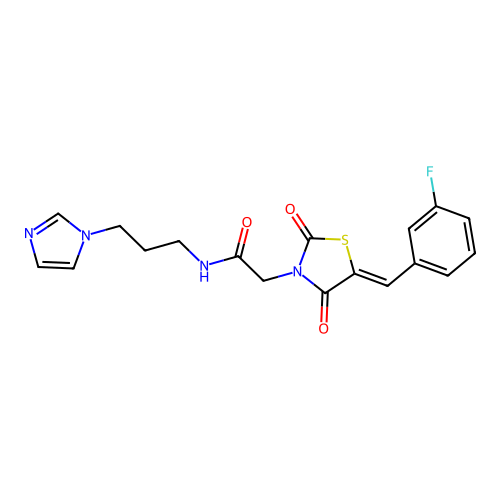2-[(5Z)-5-(3-fluorobenzylidene)-2,4-dioxo-1,3-thiazolidin-3-yl]-N-[3-(1H-imidazol-1-yl)propyl]acetamide structure