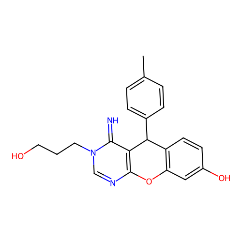 3-(3-hydroxypropyl)-4-imino-5-(4-methylphenyl)-5H-chromeno[2,3-d]pyrimidin-8-ol structure