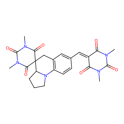 7'-((1,3-dimethyl-2,4,6-trioxotetrahydropyrimidin-5(2H)-ylidene)methyl)-1,3-dimethyl-2',3',3a',5'-tetrahydro-1H,1'H-spiro[pyrimidine-5,4'-pyrrolo[1,2-a]quinoline]-2,4,6(3H)-trione structure