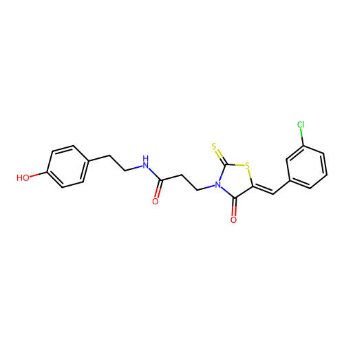 3-[(5Z)-5-(3-chlorobenzylidene)-4-oxo-2-thioxo-1,3-thiazolidin-3-yl]-N-[2-(4-hydroxyphenyl)ethyl]propanamide structure