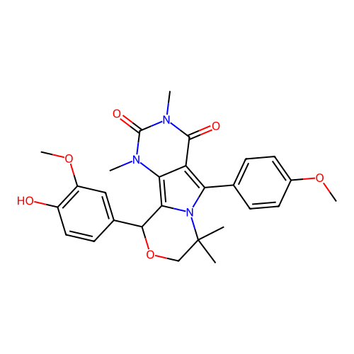 10-(4-hydroxy-3-methoxyphenyl)-5-(4-methoxyphenyl)-1,3,7,7-tetramethyl-1,7,8,10-tetrahydro-2H-pyrimido[4',5':3,4]pyrrolo[2,1-c][1,4]oxazine-2,4(3H)-dione structure