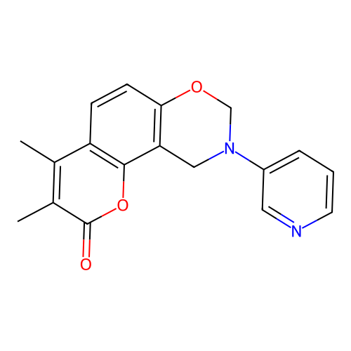 3,4-dimethyl-9-(pyridin-3-yl)-9,10-dihydro-2H,8H-chromeno[8,7-e][1,3]oxazin-2-one structure