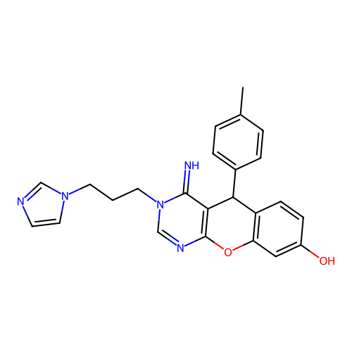3-[3-(1H-imidazol-1-yl)propyl]-4-imino-5-(4-methylphenyl)-3,5-dihydro-4H-chromeno[2,3-d]pyrimidin-8-ol structure
