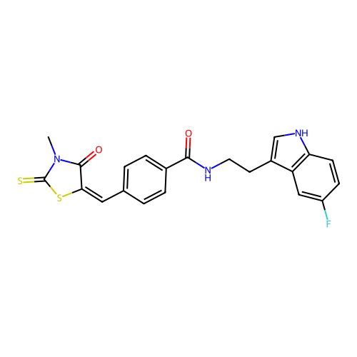 (E)-N-(2-(5-fluoro-1H-indol-3-yl)ethyl)-4-((3-methyl-4-oxo-2-thioxothiazolidin-5-ylidene)methyl)benzamide structure