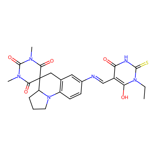 (E)-7'-(((1-ethyl-2-mercapto-4,6-dioxo-1,6-dihydropyrimidin-5(4H)-ylidene)methyl)amino)-1,3-dimethyl-2',3',3a',5'-tetrahydro-1H,1'H-spiro[pyrimidine-5,4'-pyrrolo[1,2-a]quinoline]-2,4,6(3H)-trione structure