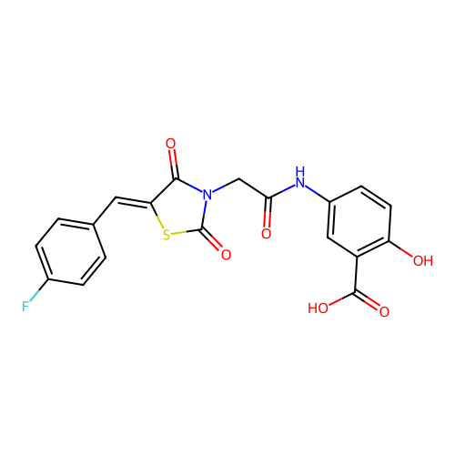 (Z)-5-(2-(5-(4-fluorobenzylidene)-2,4-dioxothiazolidin-3-yl)acetamido)-2-hydroxybenzoic acid structure