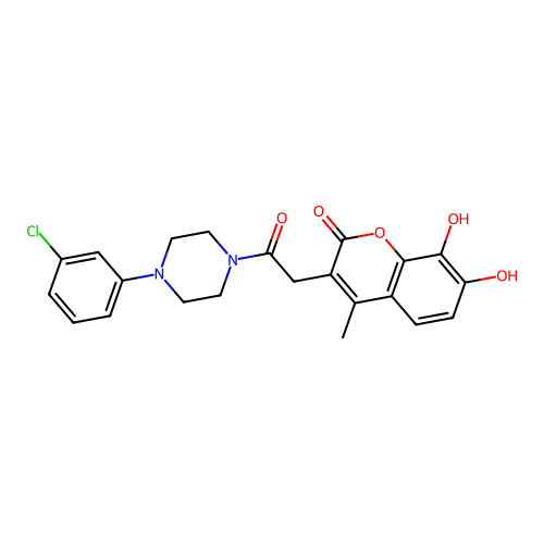 3-{2-[4-(3-chlorophenyl)piperazin-1-yl]-2-oxoethyl}-7,8-dihydroxy-4-methyl-2H-chromen-2-one structure