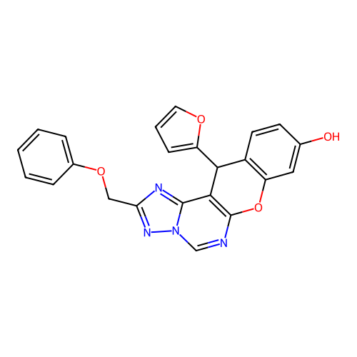 12-(furan-2-yl)-2-(phenoxymethyl)-12H-chromeno[3,2-e][1,2,4]triazolo[1,5-c]pyrimidin-9-ol structure