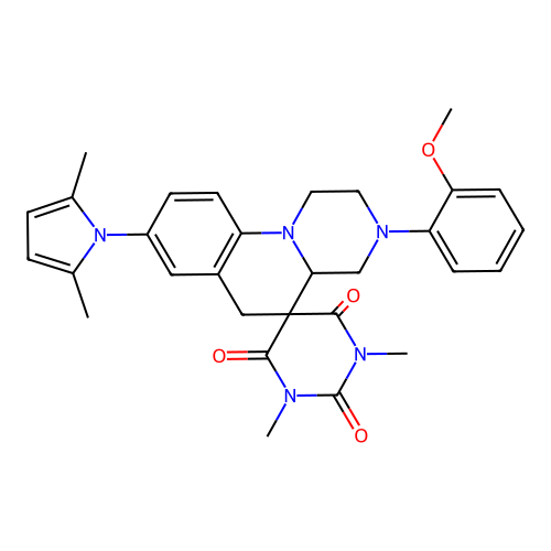 8'-(2,5-dimethylpyrrol-1-yl)-3'-(2-methoxyphenyl)-1,3-dimethylspiro[1,3-diazinane-5,5'-2,4,4a,6-tetrahydro-1H-pyrazino[1,2-a]quinoline]-2,4,6-trione structure