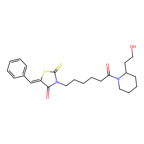 (5Z)-5-benzylidene-3-[6-[2-(2-hydroxyethyl)piperidin-1-yl]-6-oxohexyl]-2-sulfanylidene-1,3-thiazolidin-4-one structure
