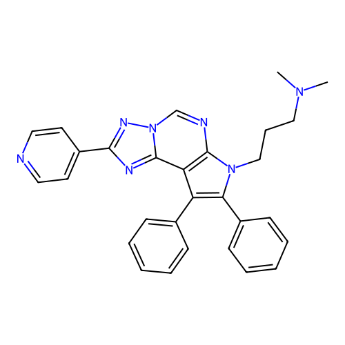 3-(8,9-diphenyl-2-(pyridin-4-yl)-7H-pyrrolo[3,2-e][1,2,4]triazolo[1,5-c]pyrimidin-7-yl)-N,N-dimethylpropan-1-amine structure