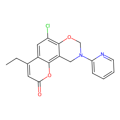 6-chloro-4-ethyl-9-(pyridin-2-yl)-9,10-dihydro-2H,8H-chromeno[8,7-e][1,3]oxazin-2-one structure