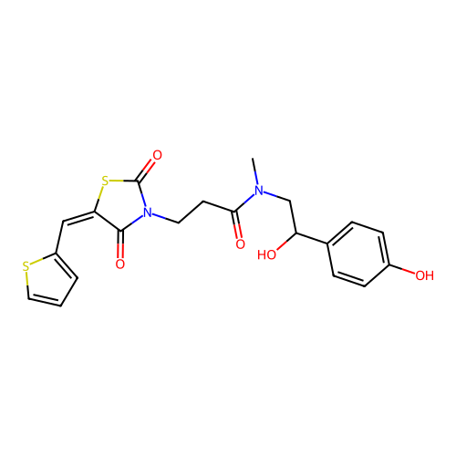 (E)-3-(2,4-dioxo-5-(thiophen-2-ylmethylene)thiazolidin-3-yl)-N-(2-hydroxy-2-(4-hydroxyphenyl)ethyl)-N-methylpropanamide structure