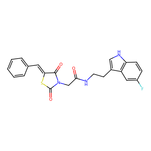 2-[(5Z)-5-benzylidene-2,4-dioxo-1,3-thiazolidin-3-yl]-N-[2-(5-fluoro-1H-indol-3-yl)ethyl]acetamide structure