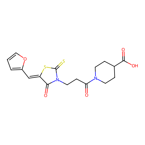 (Z)-1-(3-(5-(furan-2-ylmethylene)-4-oxo-2-thioxothiazolidin-3-yl)propanoyl)piperidine-4-carboxylic acid structure