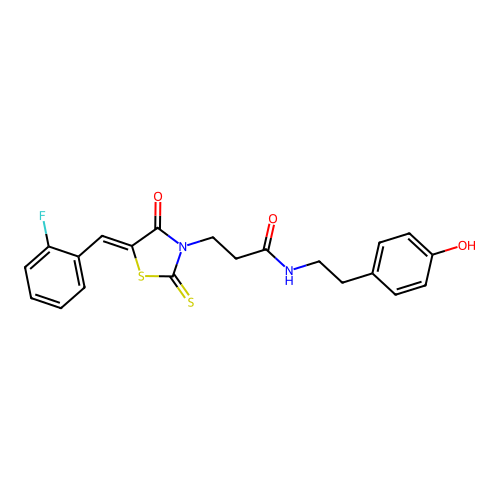 3-[(5Z)-5-(2-fluorobenzylidene)-4-oxo-2-thioxo-1,3-thiazolidin-3-yl]-N-[2-(4-hydroxyphenyl)ethyl]propanamide structure