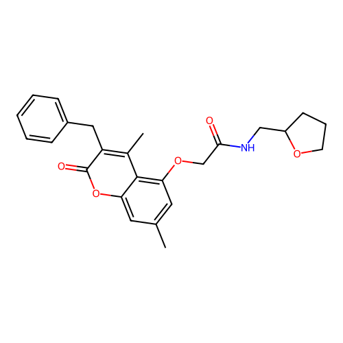 2-(3-benzyl-4,7-dimethyl-2-oxochromen-5-yl)oxy-N-(oxolan-2-ylmethyl)acetamide structure