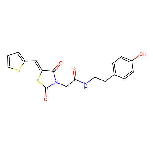 2-[(5Z)-2,4-dioxo-5-(thiophen-2-ylmethylidene)-1,3-thiazolidin-3-yl]-N-[2-(4-hydroxyphenyl)ethyl]acetamide structure