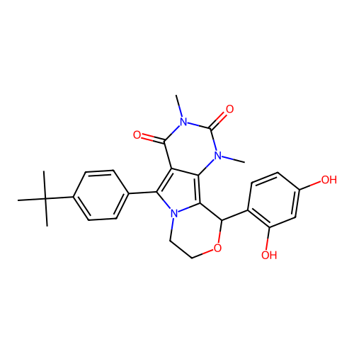 5-(4-(tert-butyl)phenyl)-10-(2,4-dihydroxyphenyl)-1,3-dimethyl-7,8-dihydro-1H-pyrimido[4',5':3,4]pyrrolo[2,1-c][1,4]oxazine-2,4(3H,10H)-dione structure