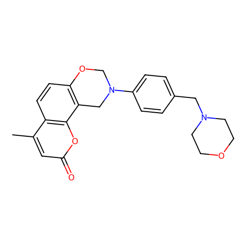 4-methyl-9-(4-(morpholinomethyl)phenyl)-9,10-dihydrochromeno[8,7-e][1,3]oxazin-2(8H)-one structure