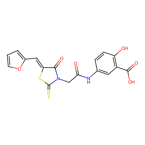 5-[[2-[(5Z)-5-(furan-2-ylmethylidene)-4-oxo-2-sulfanylidene-1,3-thiazolidin-3-yl]acetyl]amino]-2-hydroxybenzoic acid structure