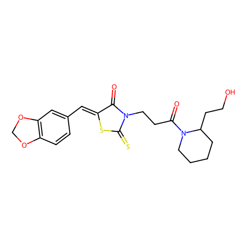 (5Z)-5-(1,3-benzodioxol-5-ylmethylidene)-3-{3-[2-(2-hydroxyethyl)piperidin-1-yl]-3-oxopropyl}-2-thioxo-1,3-thiazolidin-4-one structure