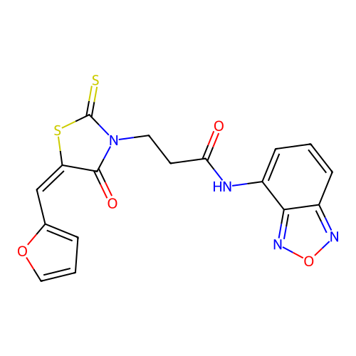 (E)-N-(benzo[c][1,2,5]oxadiazol-4-yl)-3-(5-(furan-2-ylmethylene)-4-oxo-2-thioxothiazolidin-3-yl)propanamide structure