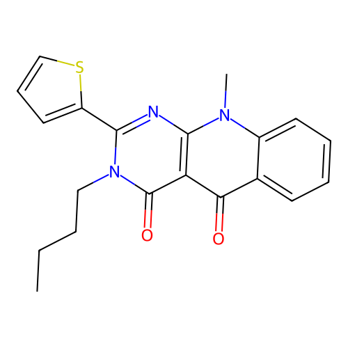 3-butyl-10-methyl-2-(thiophen-2-yl)pyrimido[4,5-b]quinoline-4,5(3H,10H)-dione structure