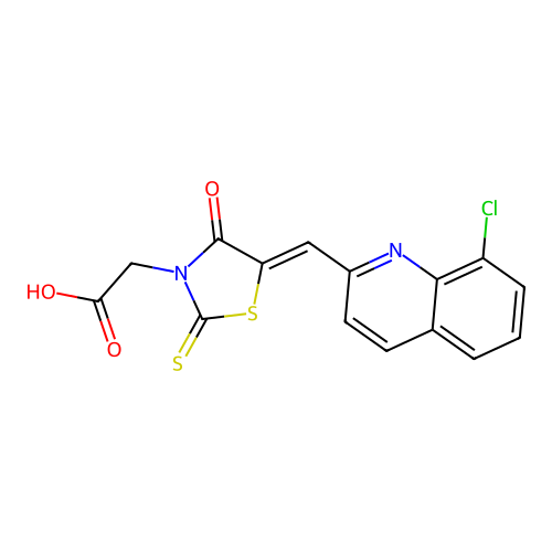{(5Z)-5-[(8-chloroquinolin-2-yl)methylidene]-4-oxo-2-thioxo-1,3-thiazolidin-3-yl}acetic acid structure