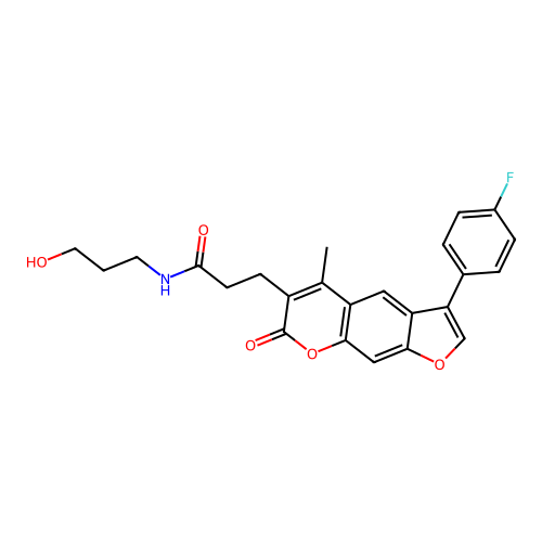 3-(3-(4-fluorophenyl)-5-methyl-7-oxo-7H-furo[3,2-g]chromen-6-yl)-N-(3-hydroxypropyl)propanamide structure