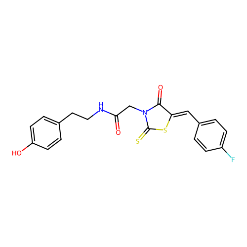 2-[(5Z)-5-(4-fluorobenzylidene)-4-oxo-2-thioxo-1,3-thiazolidin-3-yl]-N-[2-(4-hydroxyphenyl)ethyl]acetamide structure
