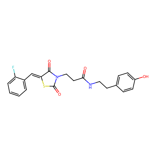 3-[(5Z)-5-(2-fluorobenzylidene)-2,4-dioxo-1,3-thiazolidin-3-yl]-N-[2-(4-hydroxyphenyl)ethyl]propanamide structure