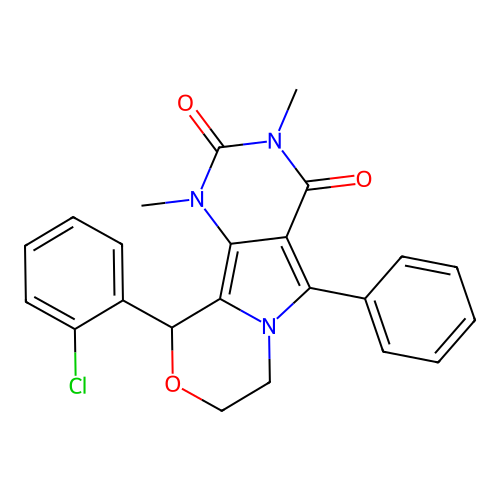 10-(2-chlorophenyl)-1,3-dimethyl-5-phenyl-1,7,8,10-tetrahydro-2H-pyrimido[4',5':3,4]pyrrolo[2,1-c][1,4]oxazine-2,4(3H)-dione structure